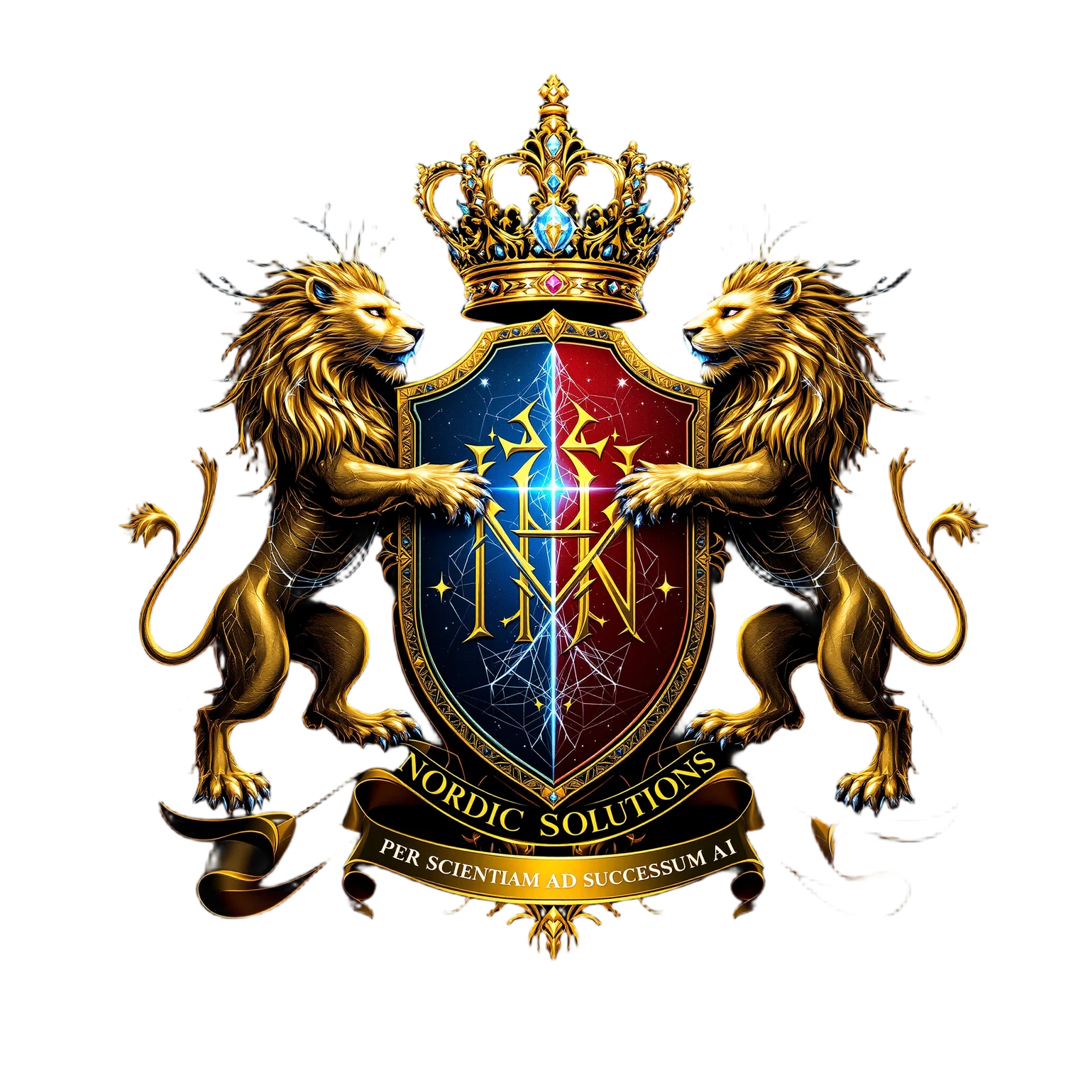 Nordic Solutions AI royal crest — coat of arms with two golden lions and crown